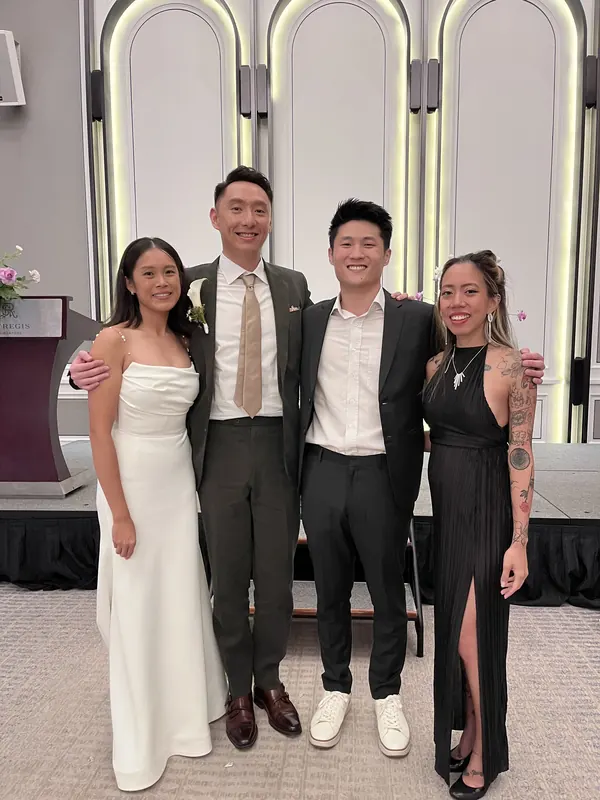 Roseville with the couple at an evening wedding